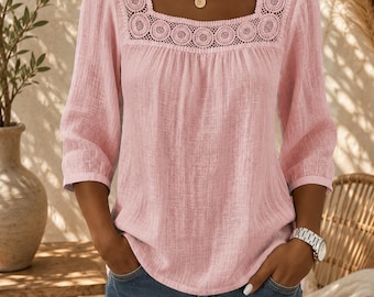 Boho Cotton Linen Top for Women Square Neck 3/4 Sleeve Lightweight Casual Blouse