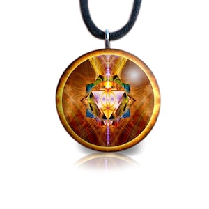 May include: A round pendant with a colorful, abstract design featuring geometric shapes and vibrant hues of gold, orange, blue, and purple. The pendant hangs from a black cord with a silver-colored bail.