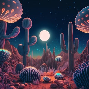 Cactus Psychedelic Art Tapestry: UV Blacklight Reactive Neon Wall Hanging