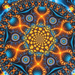 May include: A psychedelic mandala design with a swirling pattern of blue, orange, and yellow. The center of the mandala features a spiral of yellow and orange flowers.