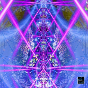 May include: Abstract digital art with a geometric pattern in shades of blue and pink. The image features a symmetrical design with intersecting lines and a central point. The background is a soft blue with a subtle sparkle effect. The text "PUMA YANA" is visible in the lower right corner.
