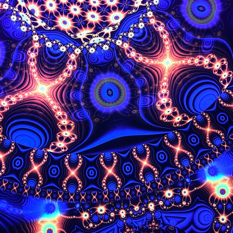 May include: Abstract digital art with a blue, pink, and orange color scheme. The design features a repeating pattern of circles, stars, and swirls.