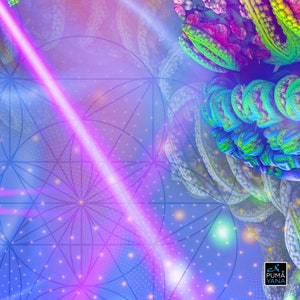 May include: Abstract digital art with a geometric pattern in shades of blue, pink, and purple. The background features a repeating pattern of circles and lines. The foreground features a colorful, organic shape with green, blue, and pink accents. The image includes the text "PUMA YANA".