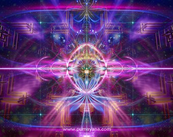 May include: Abstract digital art with a geometric design in shades of pink, purple, blue, and gold. The design features a central circle with radiating lines and a series of overlapping squares. The background is a dark purple with a subtle sparkle effect. The text "www.pumayana.com" is visible at the bottom of the image.