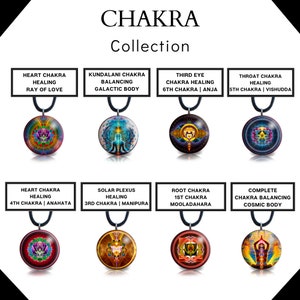 May include: A collection of chakra pendants with various designs and text. Each pendant is round, with a black cord. The text at the top reads "CHAKRA Collection". Each pendant has a different design and text describing the chakra.