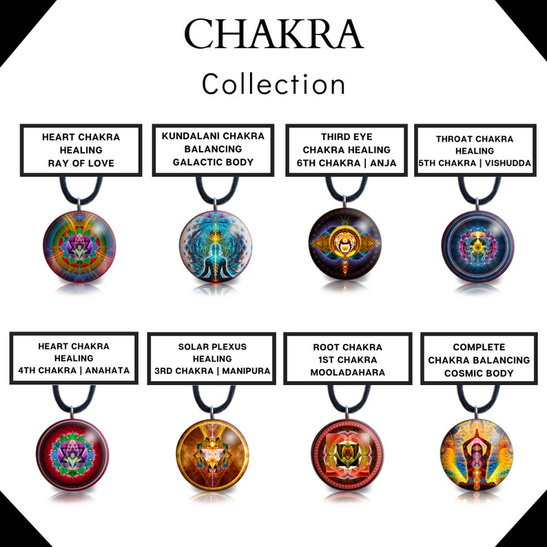 May include: A collection of chakra pendants with various designs and text. Each pendant is round, with a black cord. The text at the top reads "CHAKRA Collection". Each pendant has a different design and text describing the chakra.