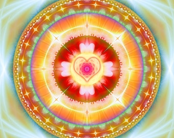 May include: A colorful mandala with a large heart in the center. The heart is surrounded by smaller hearts and a ring of stars. The mandala is set against a yellow background with a blue and white border.