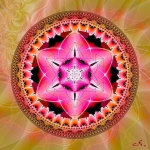 May include: A pink and orange mandala with a geometric design. The mandala is surrounded by a gold and red border.