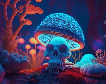 Psychedelic Mushroom Skull UV tapestry, Blacklight Reactive Wall Hanging, Neon Backdrop Party Festival Tapestry, Trippy UV Reactive Wall Art