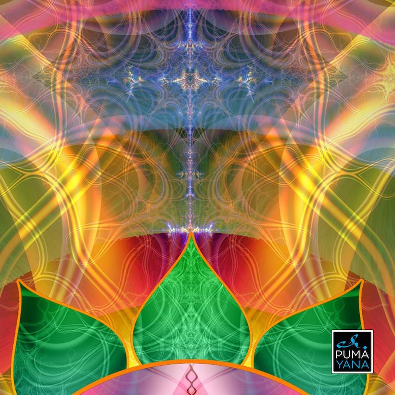 May include: Abstract digital art print featuring a colorful mandala design with a green lotus flower at the bottom and the text "PUMA YANA" in the lower right corner.