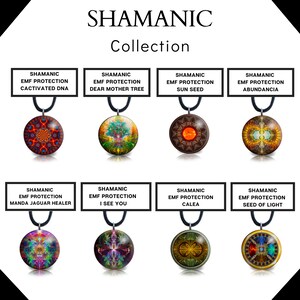 May include: Collection of eight round pendants with black cords. Each pendant features a unique, colorful design with text: "SHAMANIC EMF PROTECTION" and a specific name like "CACTIVATED DNA" or "DEAR MOTHER TREE". The pendants are displayed against a white background.