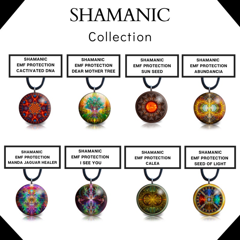 May include: Collection of eight round pendants with black cords. Each pendant features a unique, colorful design with text: "SHAMANIC EMF PROTECTION" and a specific name like "CACTIVATED DNA" or "DEAR MOTHER TREE". The pendants are displayed against a white background.