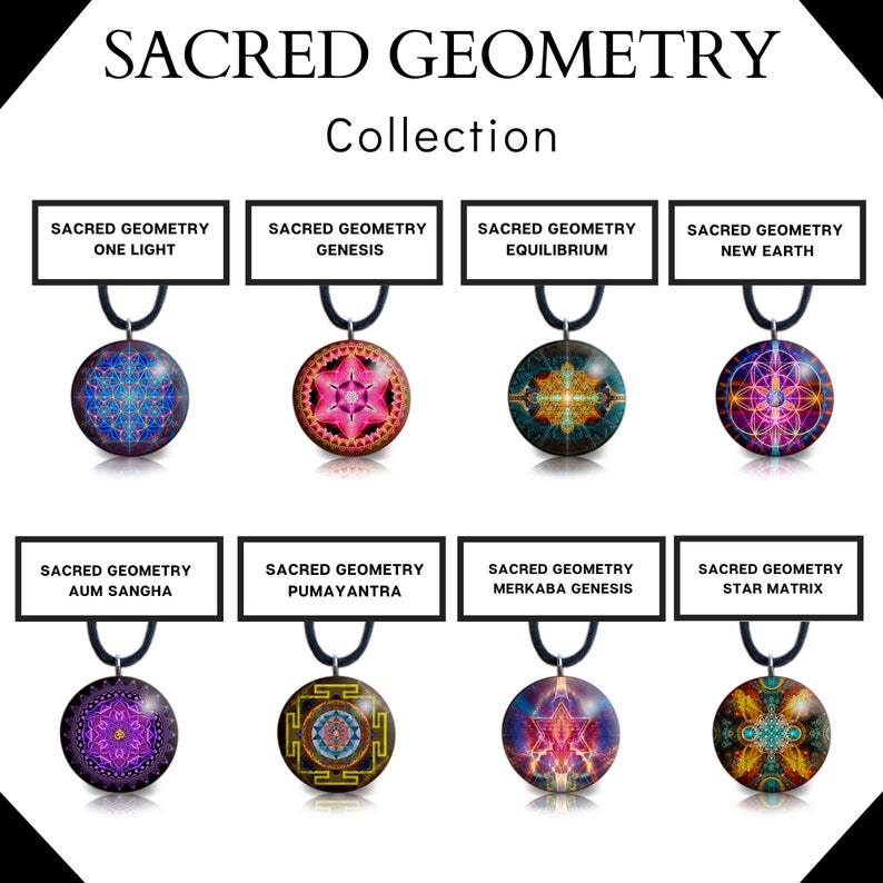 May include: Collection of eight round Sacred Geometry pendants with intricate geometric designs in various colors. Each pendant hangs from a black cord. The text "SACRED GEOMETRY Collection" is at the top, with each pendant labeled.