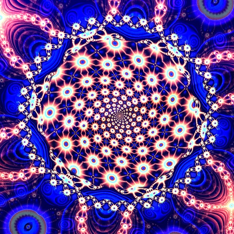May include: Abstract digital art with a swirling pattern of blue, pink, and white circles and stars. The design is reminiscent of a kaleidoscope or mandala.