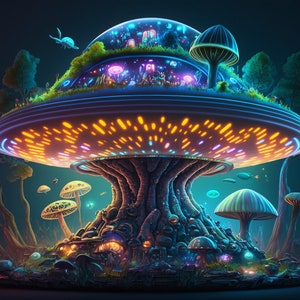 Psychedelic Mushroom UFO Tapestry: Blacklight Reactive Alien Art