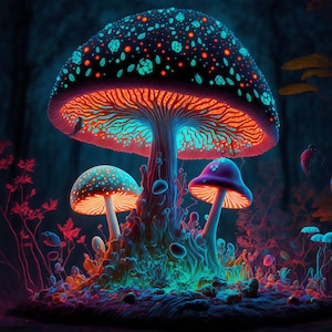 Psychedelic Mushroom Tapestry: UV Blacklight Reactive Neon Art