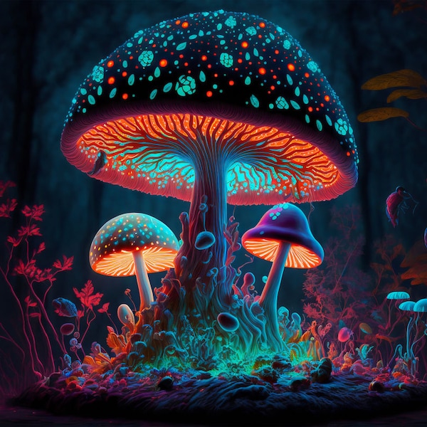 Tapisserie UV champignon psychédélique, tenture murale réactive Blacklight, toile de fond néon, décor de fête, décor de festival, Trippy UV réactif Rave Art