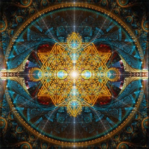 May include: A colorful, abstract geometric design with a central star shape surrounded by a circular pattern. The design features a mix of gold, blue, and red hues, creating a vibrant and intricate visual.