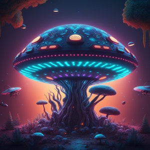 Trippy Mushroom UFO Tapestry: UV Blacklight Reactive Art