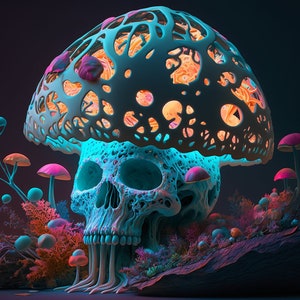 Mushroom Skull UV Tapestry: Blacklight Reactive Neon Art