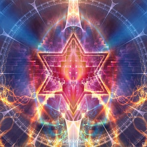 May include: A vibrant, abstract digital artwork featuring a six-pointed star in shades of pink, red, and orange. The star is surrounded by a swirling, colourful background with hints of blue and yellow. The image has a geometric, symmetrical design and a sense of spiritual energy.