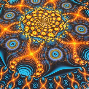 May include: A psychedelic pattern with a circular design in the center. The pattern features a mix of orange, yellow, blue, and black colors. The design is intricate and detailed, with a variety of shapes and swirls.