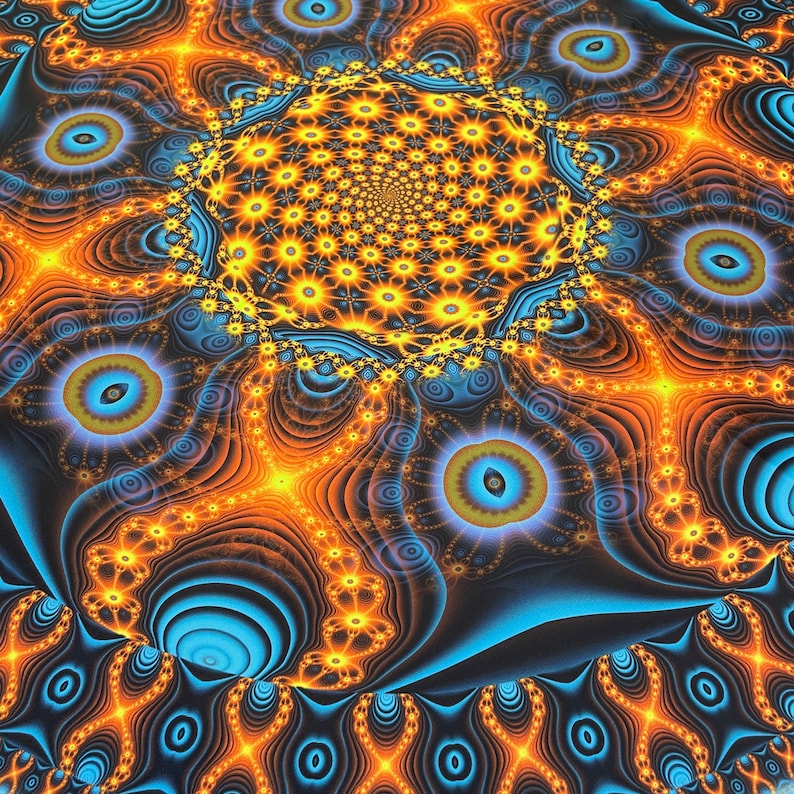 May include: A psychedelic pattern with a circular design in the center. The pattern features a mix of orange, yellow, blue, and black colors. The design is intricate and detailed, with a variety of shapes and swirls.