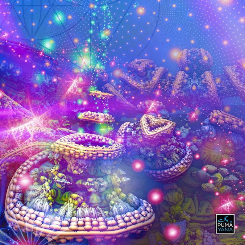 May include: Abstract digital art with a vibrant color palette of pink, purple, blue, and green. The image features a variety of geometric shapes and patterns, creating a sense of depth and movement. The background is a swirling nebula of stars and light.
