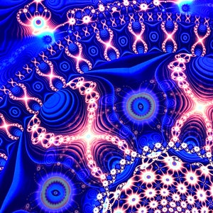May include: Abstract digital art with a blue, pink, and white color scheme. The design features intricate patterns and swirling shapes, creating a mesmerizing and psychedelic effect.