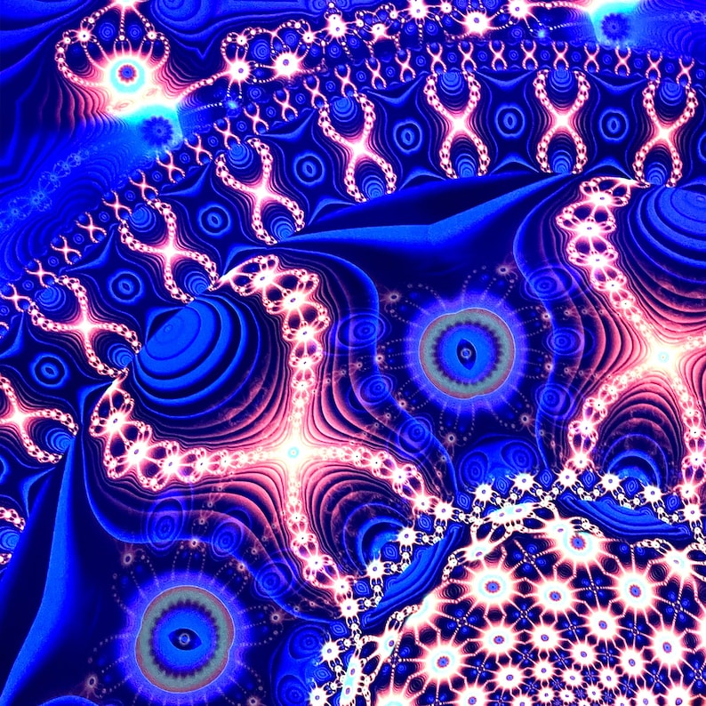 May include: Abstract digital art with a blue, pink, and white color scheme. The design features intricate patterns and swirling shapes, creating a mesmerizing and psychedelic effect.
