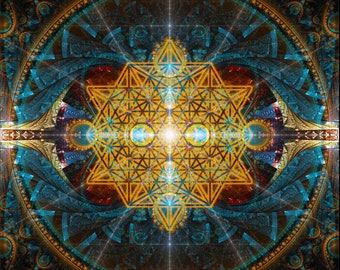 May include: A colorful, abstract geometric design with a central star shape surrounded by a circular pattern. The design features a mix of gold, blue, and red hues, creating a vibrant and intricate visual.