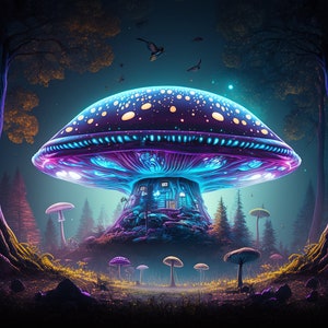 Trippy Mushroom UFO Tapestry: Blacklight Reactive Neon Wall Art