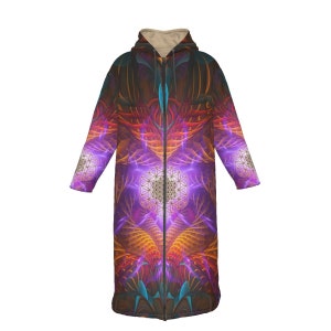 Mantello con cappuccio psichedelico con geometria sacra: mantello da festival in pile Sherpa