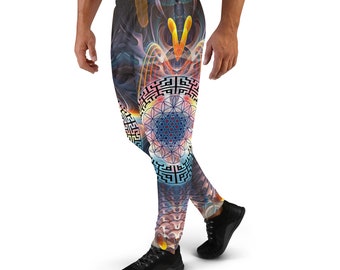 Könnte beinhalten: Schwarze Sport-Hose mit einem bunten geometrischen Muster, das ein Lebensblume-Design zeigt.