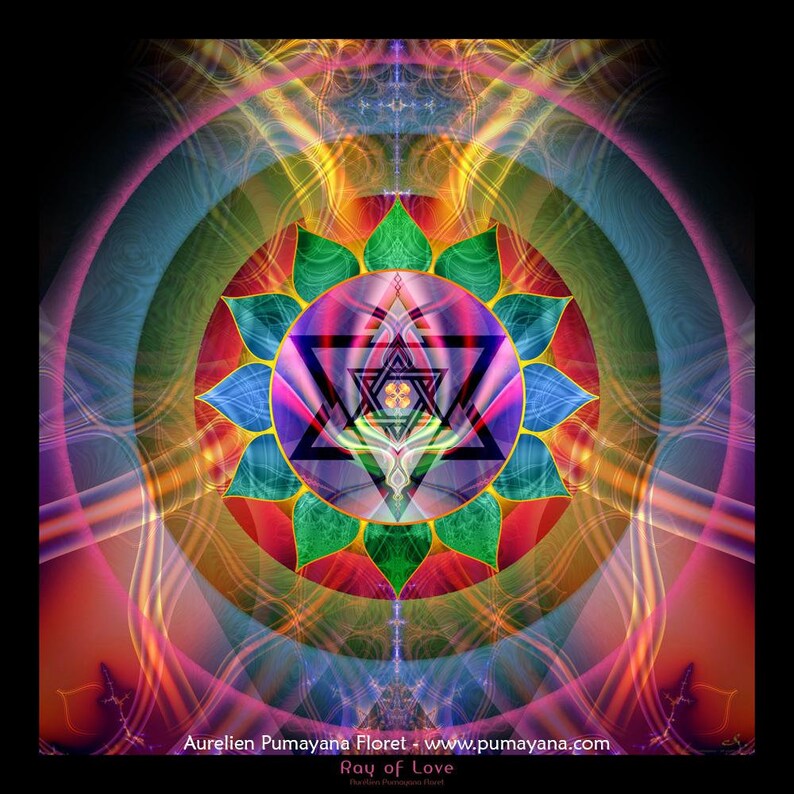 May include: A colorful, abstract geometric design with a star of David in the center. The design is surrounded by a circle of green, red, and blue petals. The background is a swirling mix of pink, yellow, and blue.