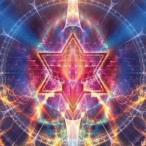 May include: A vibrant, abstract digital artwork featuring a six-pointed star in shades of pink, red, and orange. The star is surrounded by a swirling, colourful background with hints of blue and yellow. The image has a geometric, symmetrical design and a sense of spiritual energy.