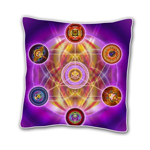 May include: Purple pillow with a geometric design featuring seven colorful circles with symbols inside. The circles are arranged in a circular pattern with a central circle in the middle. The background is a deep purple with a glowing effect.
