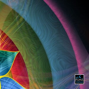 May include: Abstract digital art with a colorful, swirling design. The colors are red, yellow, green, blue, and pink. The design is reminiscent of a stained glass window. The text "PUMA YANA" is in the lower right corner.