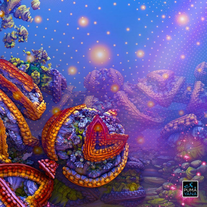 May include: Abstract digital art featuring a swirling, colorful, 3D design with a purple, blue, and pink background. The design is made up of many small, intricate shapes and patterns. The image has a glowing, ethereal quality.