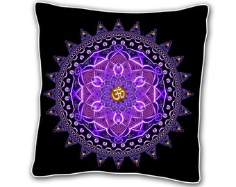 May include: Square black pillow with a vibrant purple mandala design. The mandala features intricate patterns and a central Om symbol in gold. The pillow has a white border.