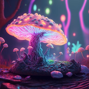 Psychedelic Mushroom UV Tapestry: Blacklight Reactive Neon Art