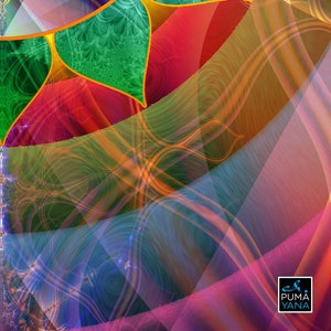 May include: Abstract art print with a colorful stained glass design featuring a green, red, and orange color scheme. The background is a blend of orange, blue, and pink hues with a layered effect. The print includes the text "PUMA YANA" in the bottom right corner.