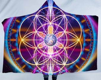 Sacred Geometry Sherpa Hooded Blanket: Festival Wearable Blanket