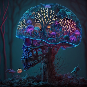 Psychedelic Mushroom Skull UV Tapestry: Blacklight Neon Art