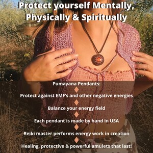 May include: A woman wearing a pink crochet top and a pendant necklace. The pendant is round with a central orange stone and a decorative border. Text on the image reads: "Protect yourself Mentally, Physically & Spiritually" and "Pumayana Pendants".