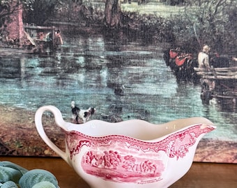 Antique English Ironstone Red Transferware Gravy Boat ~ Johnson Bros ~ Old Britain Castles ~ Cottagecore