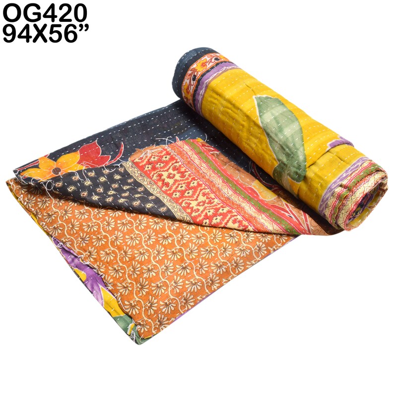 Vintage Kantha Quilt Plaids Gudri Reversible Throw Ralli Bedspread Bedding Indian Handmade OG420