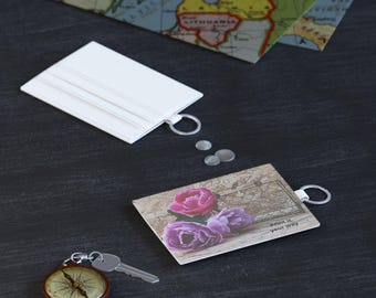 Floral Card Holder Pink Tulips | Saffiano Leather Keyring Wallet
