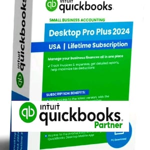 May include: A QuickBooks Desktop Pro Plus 2024 box with a lifetime subscription. The box is white, blue, and green, with the QuickBooks logo prominently displayed. Text includes "Small Business Accounting" and "Manage your business finances all in one place."