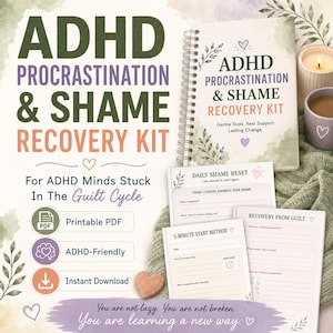 May include: A spiral-bound ADHD Procrastination & Shame Recovery Kit with printable PDF worksheets. The cover features green and purple text, floral accents, and the phrase 'Gentle Tools. Real Support. Lasting Change.' Includes a 5-minute start method.
